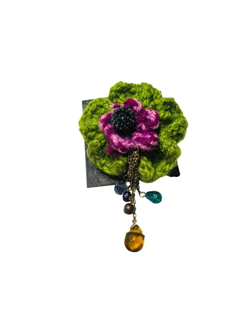 Birch Hill Handmade Floral Crochet Brooch Green & Pink with Beads
